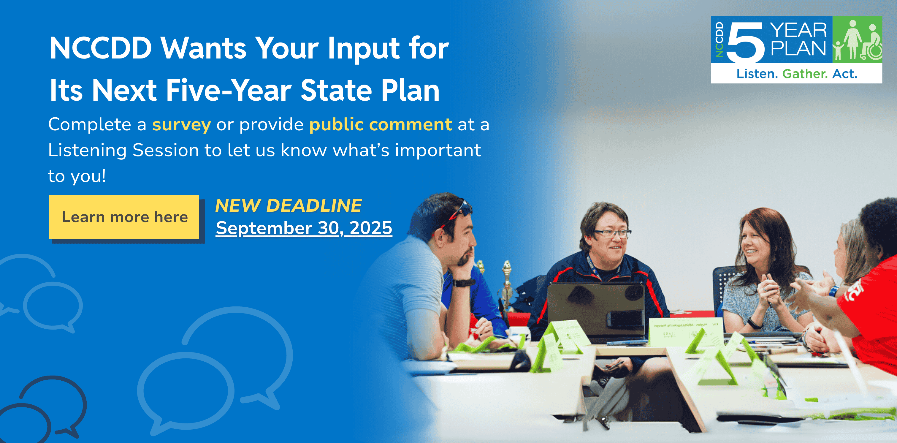 Homepage banner announcing NCCDD's Five Year State Plan survey for the public
