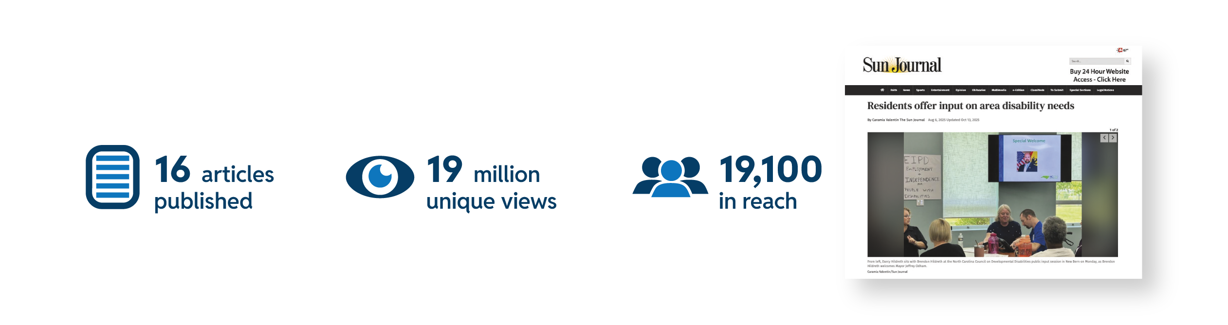 A screenshot of a news website called "Sunderland" featuring a headline about the impact of artificial intelligence on disability services. The image includes icons representing database management, a clock, and a user profile, along with a photograph of a group discussion taking place in a conference setting.