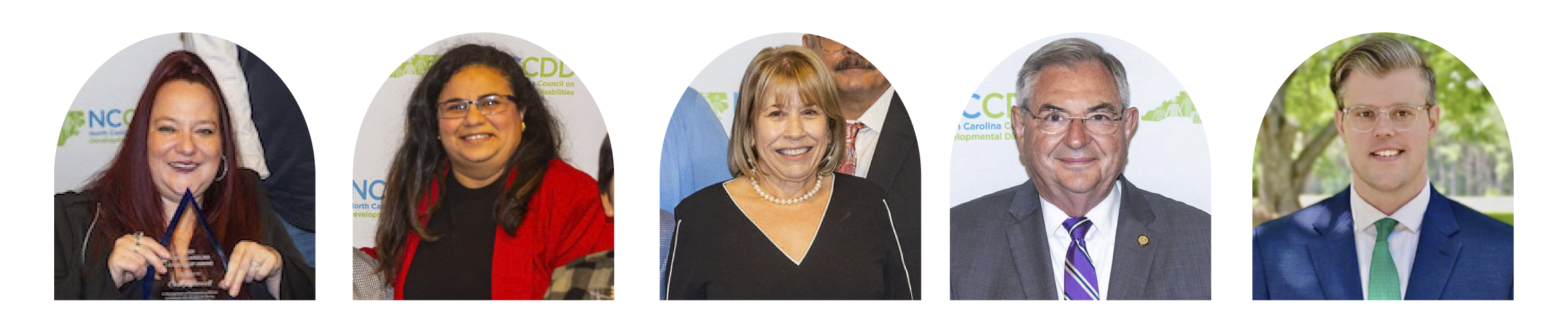 A photo featuring five professional individuals at an awards ceremony. They are posing together, dressed in formal attire, with a backdrop displaying the NCCCD logo, suggesting a celebration of achievement within the organization.